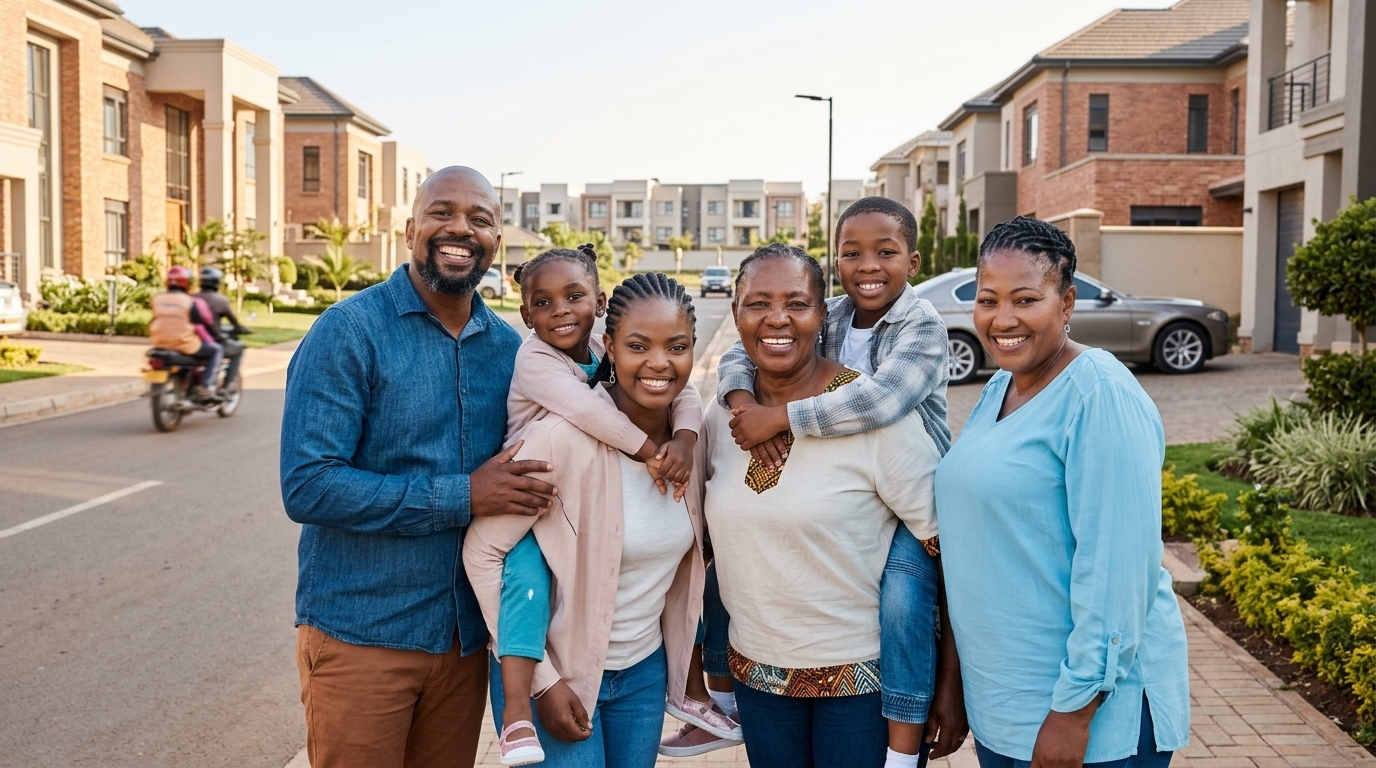 A smiling Ugandan family of three generations standing together on a residential street